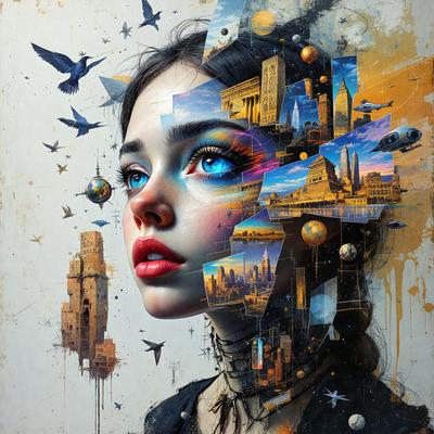 The primary subject of the image is a woman with blue eyes, wearing a black shirt and a necklace. She is surrounded by various elements, including a cityscape, a bird, a clock, a bridge, and a spaceship. The setting appears to be a mix of urban and natural elements, with the woman being the focal point. The visual style of the image is a combination of digital art and illustration, creating a unique and artistic representation of the woman and her surroundings. The colors and mood